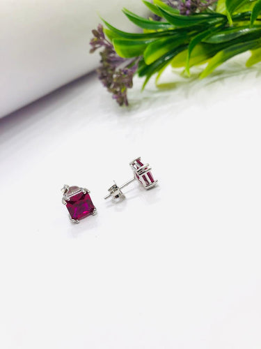 925 Silver Red Square Earrings